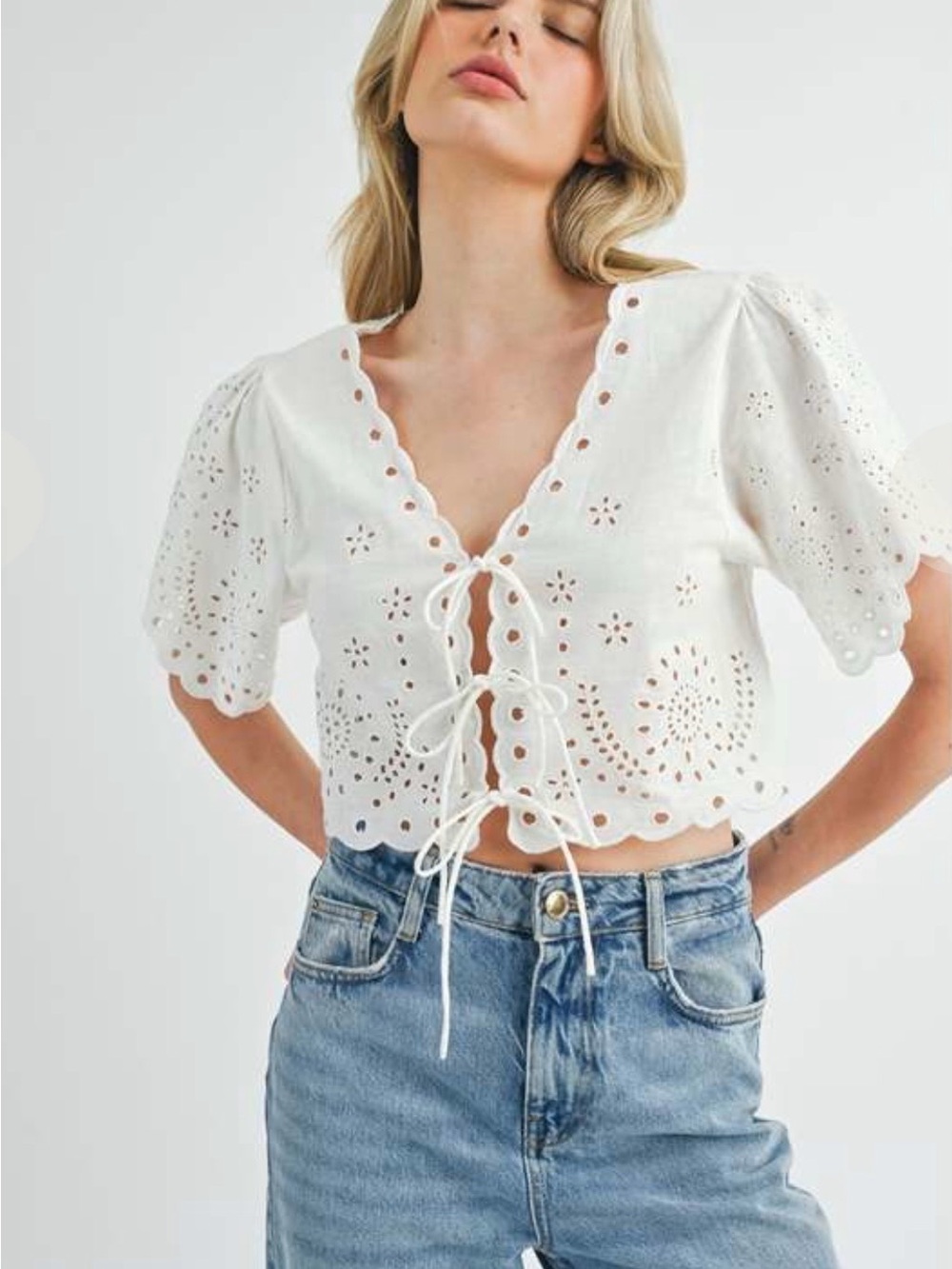 MARBLE White Eyelet Lace-Up Crop Blouse